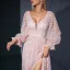 Chic / Beautiful Blushing Pink Lace Flower Split Front Prom Dresses 2025 A-Line / Princess V-Neck Long Sleeve Backless Floor-Length / Long Prom Formal Dresses