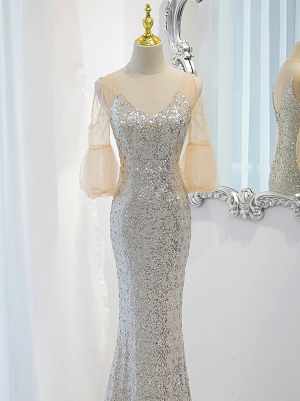 Sexy Silver Sequins Evening Dresses 2023 Trumpet / Mermaid V-Neck Short Sleeve Backless Floor-Length / Long Evening Party Formal Dresses