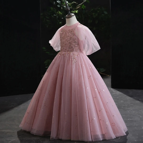 Chic / Beautiful Candy Pink Beading Sequins Prom Flower Girl Dresses 2022 Ball Gown Scoop Neck Puffy Short Sleeve Floor-Length / Long Flower Girl Dresses