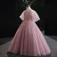 Chic / Beautiful Candy Pink Beading Sequins Prom Flower Girl Dresses 2022 Ball Gown Scoop Neck Puffy Short Sleeve Floor-Length / Long Flower Girl Dresses