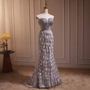 High End Charming Grey Handmade Beading Pearl Sequins Feather Evening Dresses 2024 Trumpet Mermaid Strapless Sleeveless Backless Sweep Train Beach