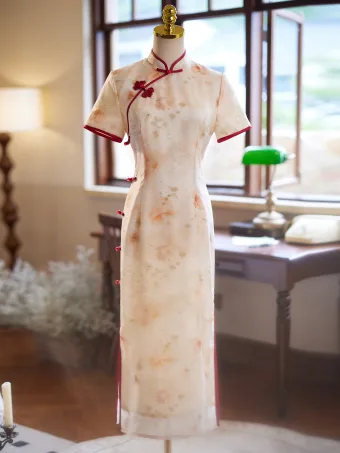Estilo Chino Beige Impresión Verano Té De Longitud Cheongsam 2024 Trumpet Mermaid Cuello Alto Manga Corta
