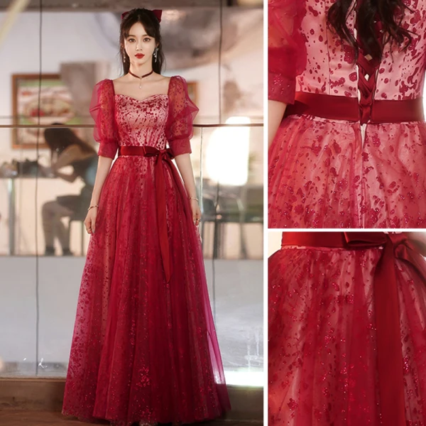 Chic / Belle Bordeaux Robe De Bal 2022 Princesse Encolure Carrée Paillettes Manches Courtes Dos Nu Noeud Ceinture Longue Robe De Ceremonie