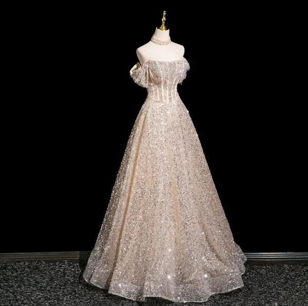 Glitzernden Charmant Champagner Perlenstickerei Strass Pailletten Abendkleider 2025 A Linie Off Shoulder Kurze Ärmel Rückenfreies Lange Festliche Kleider