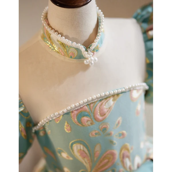 Chinese style Sky Blue Pearl Printing Prom Flower Girl Dresses 2023 Cascading Ruffles Ball Gown High Neck Puffy Short Sleeve Backless Floor-Length / Long Flower Girl Dresses