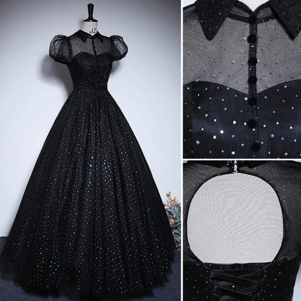 Élégant Noire Paillettes Robe De Bal 2023 Princesse Col Haut Manches Courtes Dos Nu Longue Promo Robe De Ceremonie