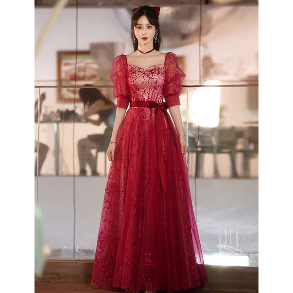 Chic / Belle Bordeaux Robe De Bal 2022 Princesse Encolure Carrée Paillettes Manches Courtes Dos Nu Noeud Ceinture Longue Robe De Ceremonie