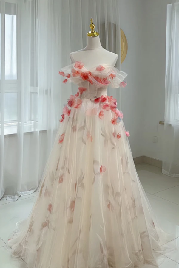 Flower Fairy White Rhinestone Appliques Prom Dresses 2023 A-Line / Princess Off-The-Shoulder Short Sleeve Backless Floor-Length / Long Prom Formal Dresses