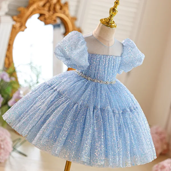 Bling Bling Sky Blue Sequins Birthday Short Flower Girl Dresses 2025 Ball Gown Scoop Neck Puffy Short Sleeve Tulle