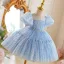 Bling Bling Sky Blue Sequins Birthday Short Flower Girl Dresses 2025 Ball Gown Scoop Neck Puffy Short Sleeve Tulle