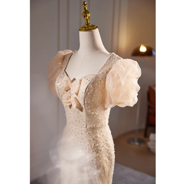 Fashion Champagne Beading Pearl Sequins Evening Dresses 2023 Trumpet / Mermaid Square Neckline Puffy Short Sleeve Backless Floor-Length / Long Evening Party Formal Dresses