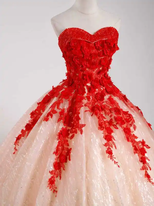 Chic / Beautiful Champagne Beading Lace Flower Appliques Prom Dresses 2024 Ball Gown Strapless Sleeveless Backless Floor-Length / Long Prom Formal Dresses