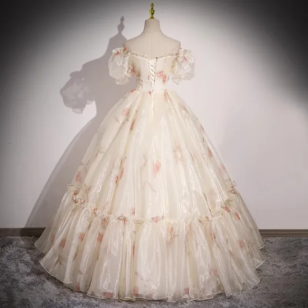 Elegant Champagne Pearl Floral Prom Dresses 2023 Ball Gown Off-The-Shoulder Short Sleeve Backless Floor-Length / Long Prom Formal Dresses