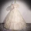 Elegant Champagne Pearl Floral Prom Dresses 2023 Ball Gown Off-The-Shoulder Short Sleeve Backless Floor-Length / Long Prom Formal Dresses