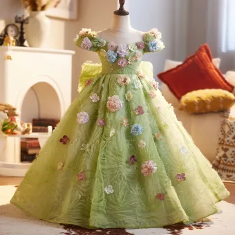 Fée Des Fleurs Vert Cendré Perlage Appliques Anniversaire Robe Ceremonie Fille 2025 Robe Boule Encolure Dégagée Manches Courtes Dos Nu Longue Tulle