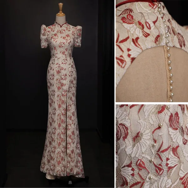 Chic / Beautiful Lace Flower Evening Party Cheongsam 2022 Trumpet / Mermaid Pearl High Neck Short Sleeve Floor-Length / Long Split Front