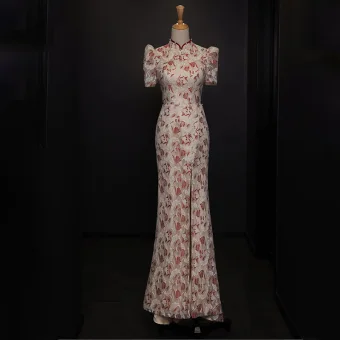 Chic Belle En Dentelle Fleur Soirée Cheongsam 2022 Trompette Sirène Perle Col Haut Manches Courtes Longue Fendue Devant