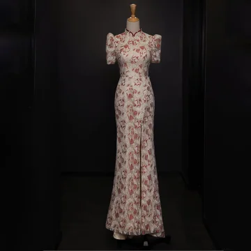 Chic Belle En Dentelle Fleur Soirée Cheongsam 2022 Trompette Sirène Perle Col Haut Manches Courtes Longue Fendue Devant