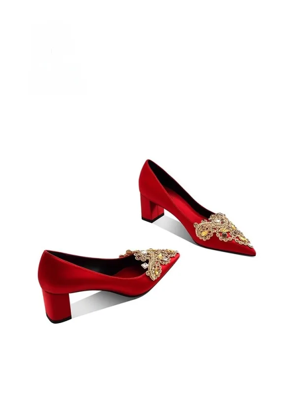 Chinese style Red Satin Rhinestone Wedding Shoes 2026 5 cm Stiletto Heels Pointed Toe Wedding Pumps High Heels