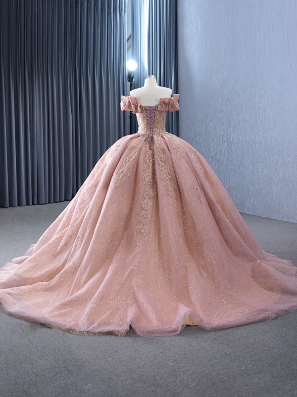 Haut de Gamme Rougissant Rose Glitter Fait main Perlage Paillettes En Dentelle Fleur Robe De Bal 2024 Robe Boule De l'épaule Manches Courtes Dos Nu Tribunal Train Promo