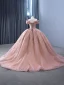 Haut de Gamme Rougissant Rose Glitter Fait main Perlage Paillettes En Dentelle Fleur Robe De Bal 2024 Robe Boule De l'épaule Manches Courtes Dos Nu Tribunal Train Promo