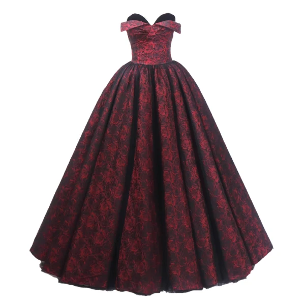 Vintage / Retro Burgundy Printing Prom Dresses 2023 Ball Gown Satin Strapless Sleeveless Backless Floor-Length / Long Prom Formal Dresses