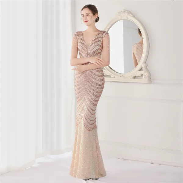 Sexy Black Beading Sequins Evening Dresses 2022 Trumpet / Mermaid V-Neck Sleeveless Floor-Length / Long Evening Party Formal Dresses