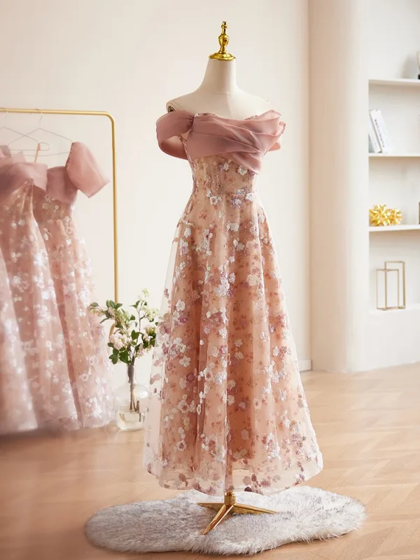Schöne Rosa Pailletten Brautjungfernkleider 2024 A Linie Off Shoulder Kurze Ärmel Rückenfreies Lange