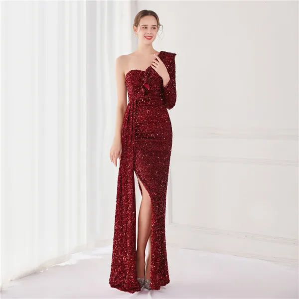 Sexy Lindgrün Pailletten Abendkleider 2022 Meerjungfrau One-Shoulder Lange Ärmel Rückenfreies Lange Gespaltete Front Abend Festliche Kleider