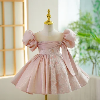 Chic Belle Rougissant Rose Perlage Perle Anniversaire Robe Ceremonie Fille 2023 Robe Boule Encolure Dégagée Gonflée Manches Courtes Courte