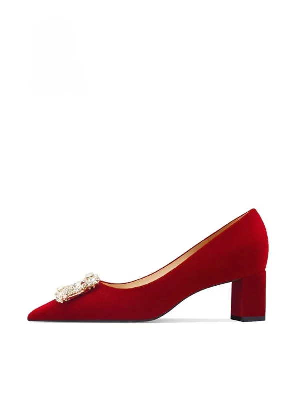 Style Chinois Rouge Faux Diamant Chaussure De Mariée 2026 5 cm Talons Épais À Bout Pointu Mariage Escarpins