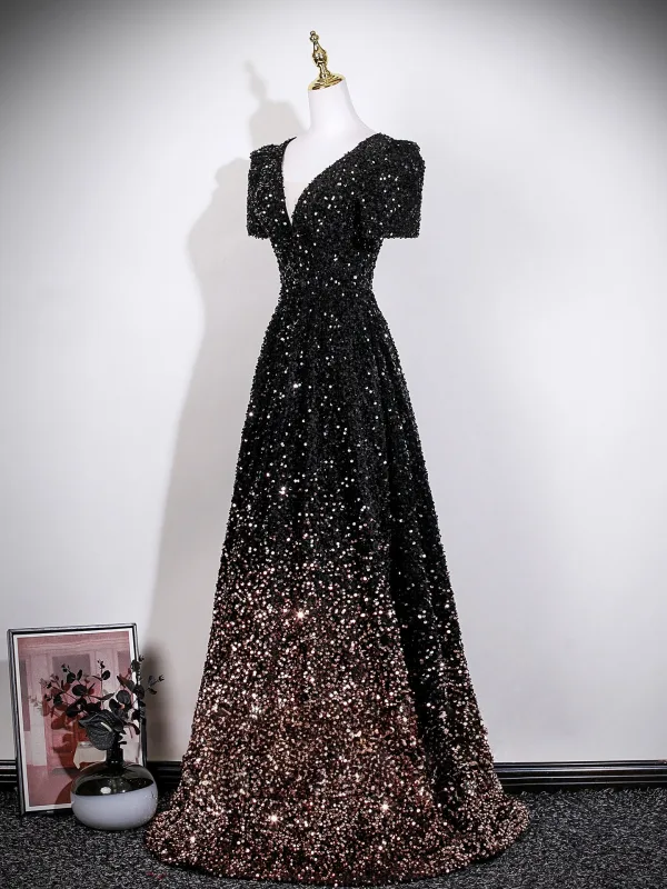 Dazzling Black Gold Sequins Evening Dresses 2026 A-Line / Princess V-Neck Short Sleeve Backless