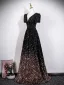 Dazzling Black Gold Sequins Evening Dresses 2026 A-Line / Princess V-Neck Short Sleeve Backless