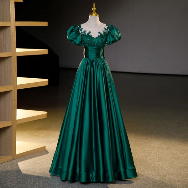 Vintage / Retro Dark Green Beading Prom Dresses 2023 Ball Gown Scoop Neck Puffy Short Sleeve Bow Floor-Length / Long Satin Prom Formal Dresses