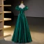 Vintage / Retro Dark Green Beading Prom Dresses 2023 Ball Gown Scoop Neck Puffy Short Sleeve Bow Floor-Length / Long Satin Prom Formal Dresses