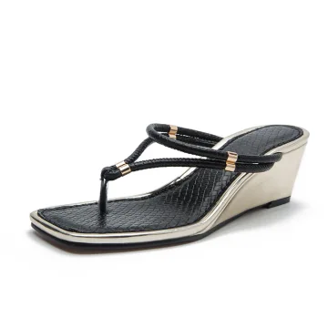 Modest Simple Black Street Wear Womens Sandals 2022 T Strap 6 Cm Wedges Open Peep Toe Sandals