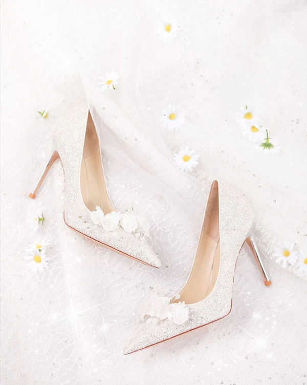 Charming White Pearl Appliques Wedding Shoes 2024 Leather 10 cm Stiletto Heels Pointed Toe Wedding Pumps High Heels