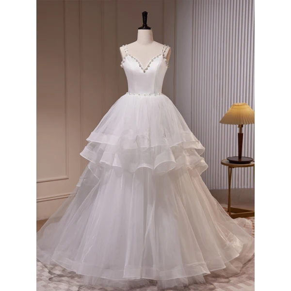 Mode Blanche Volants en Cascade Robe De Mariée 2023 Robe Boule Bretelles Spaghetti Perle Sans Manches Dos Nu Train De Balayage Mariage