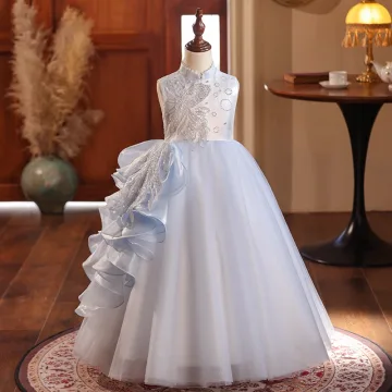 Chinese Style Sky Blue Beading Pearl Sequins Birthday Flower Girl Dresses 2024 Ball Gown High Neck Sleeveless Floor Length Long Flower Girl Dresses