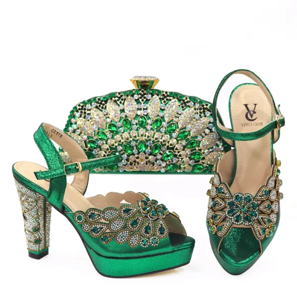 Charming Silver Rhinestone Evening Party Womens Sandals Clutch Bags 2023 10 cm Thick Heels Open / Peep Toe Sandals High Heels Clutch Bags