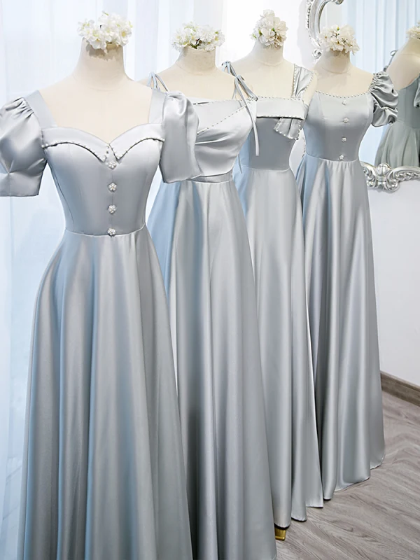 Modest / Simple Silver Grey Satin Bridesmaid Dresses 2022 A-Line / Princess Short Sleeve Backless Floor-Length / Long Wedding Party Dresses