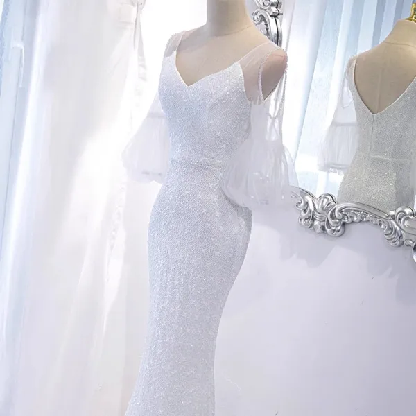 Sexy Silver Sequins Evening Dresses 2023 Trumpet / Mermaid V-Neck Short Sleeve Backless Floor-Length / Long Evening Party Formal Dresses