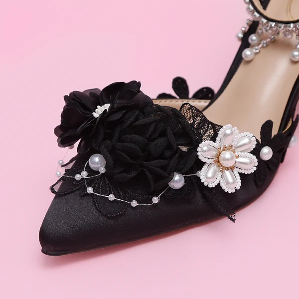 Schön Weiß Applikationen Schleife Brautschuhe 2023 Perle Strass Knöchelriemen 9 cm Stilettos Spitzschuh Hochzeit Sandaletten Hochhackige