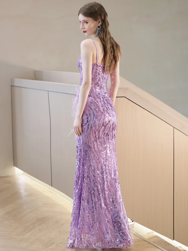 Sexy Lilas Perlage Faux Diamant Paillettes Gland Robe De Soirée 2023 Trompette / Sirène Bretelles Spaghetti Sans Manches Dos Nu Longue Soirée Fendue devant