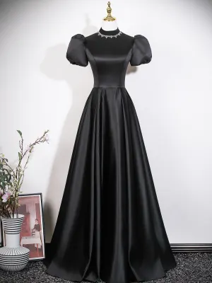 Audrey Hepburn Stil Svarta Balklänningar 2026 Prinsessa Hög Hals Pösigt Korta Ärm Halterneck Långa Formella Klänningar