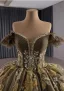 Vintage / Retro High-end Brown Beading Pearl Sequins Quinceañera Prom Dresses 2025 Ball Gown Off-The-Shoulder Short Sleeve Backless Chapel Train Formal Dresses