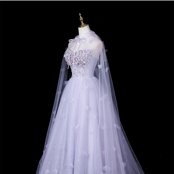 Chic / Beautiful Lavender Appliques Rhinestone Prom Dresses 2025 A-Line / Princess Strapless Sleeveless Backless Floor-Length / Long Formal Dresses