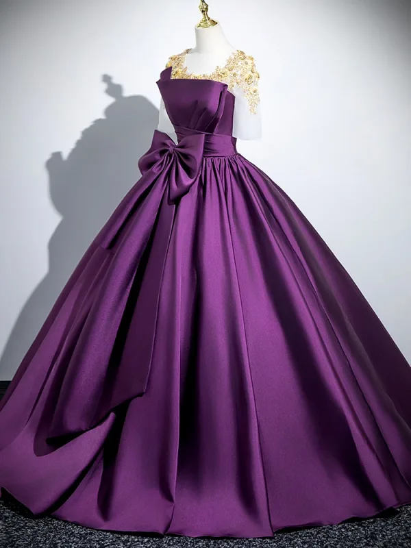 Vintage / Retro Purple Lace Flower Bow Satin Prom Dresses 2025 Ball Gown Scoop Neck Short Sleeve Backless Floor-Length / Long Prom Formal Dresses