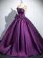 Vintage / Retro Purple Lace Flower Bow Satin Prom Dresses 2025 Ball Gown Scoop Neck Short Sleeve Backless Floor-Length / Long Prom Formal Dresses