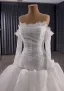 High-end Vintage / Retro White Pearl Lace Flower Wedding Dresses 2025 Ball Gown Off-The-Shoulder Long Sleeve Backless Court Train